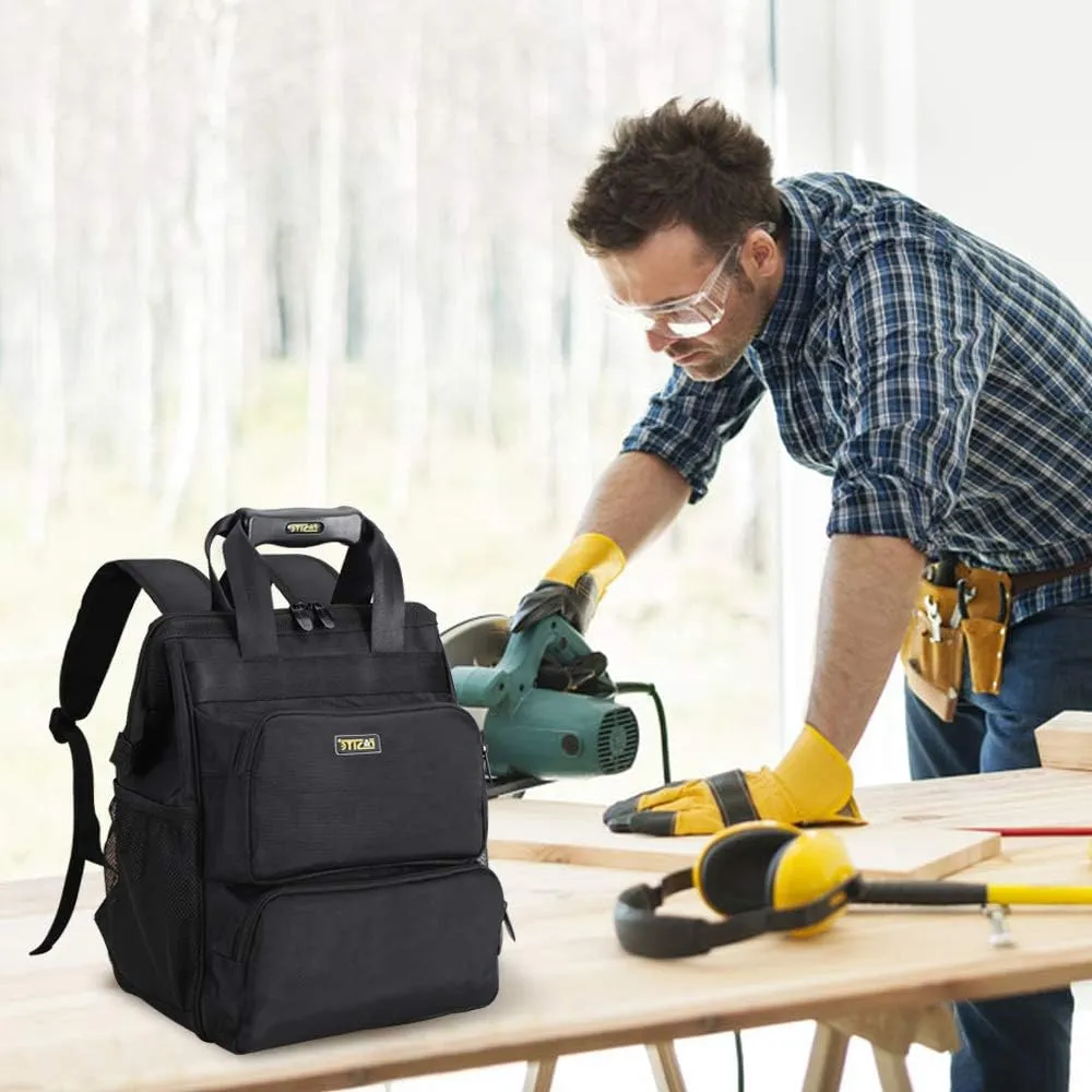 FASITE Tool Bag Backpack, Heavy Duty Durable Electrician Work Pack for Hand Tools, Waterproof Tool Storage & Organizer for a Contractor, Plumber, HVAC, Cable Repairman, Black