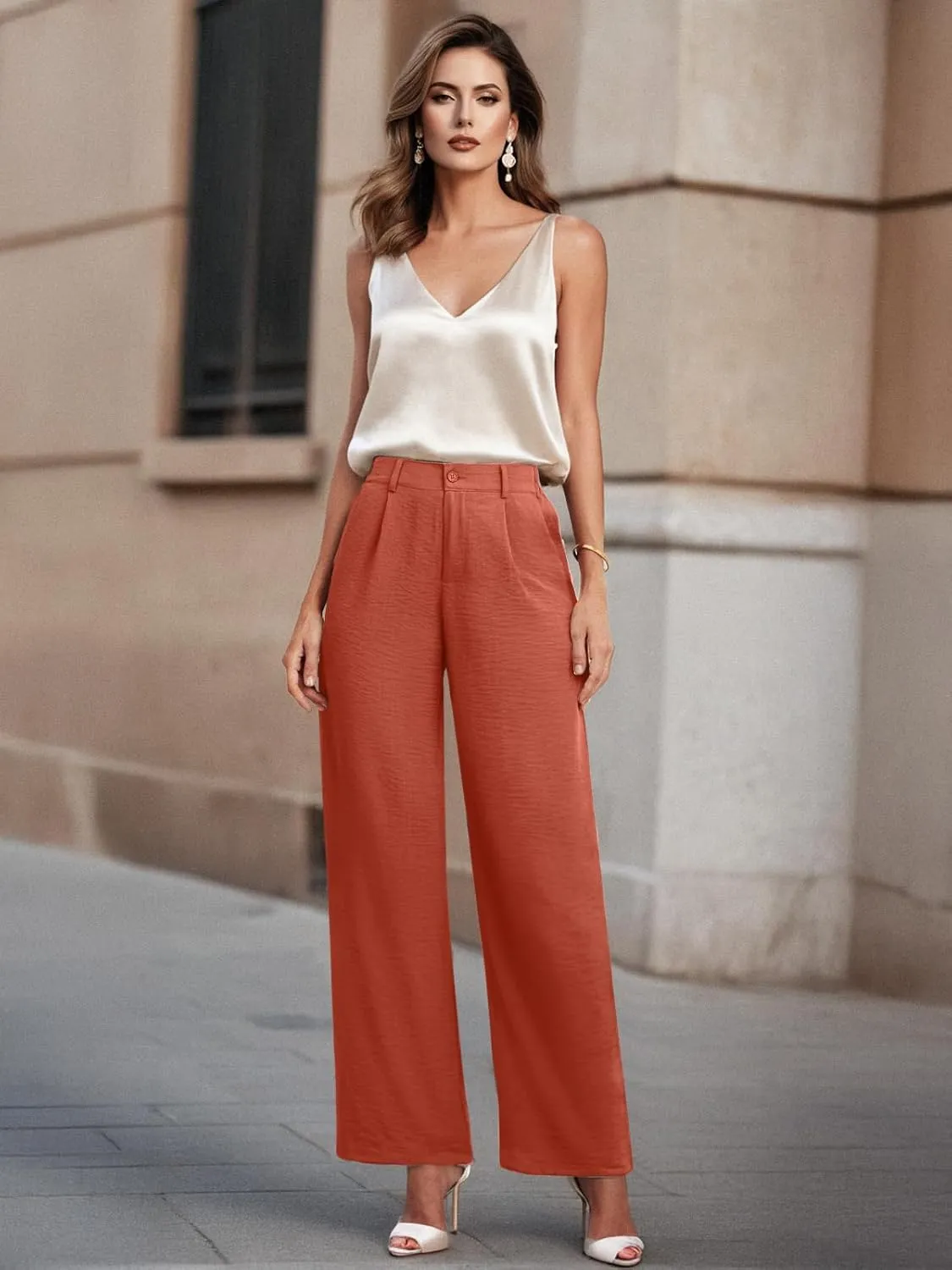 Feiersi Womens Casual Wide Leg Pants High Waisted Button Down Straight Long Trousers Palazzo Pants