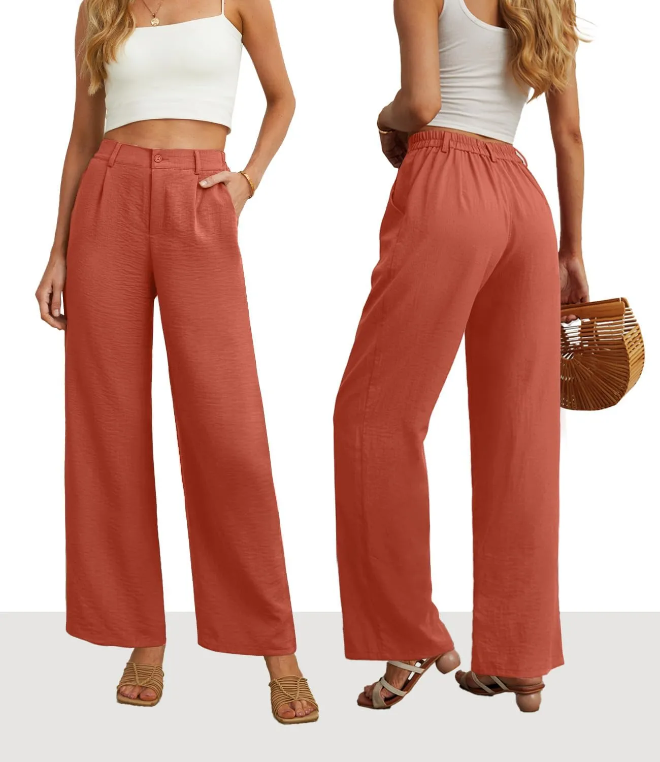 Feiersi Womens Casual Wide Leg Pants High Waisted Button Down Straight Long Trousers Palazzo Pants