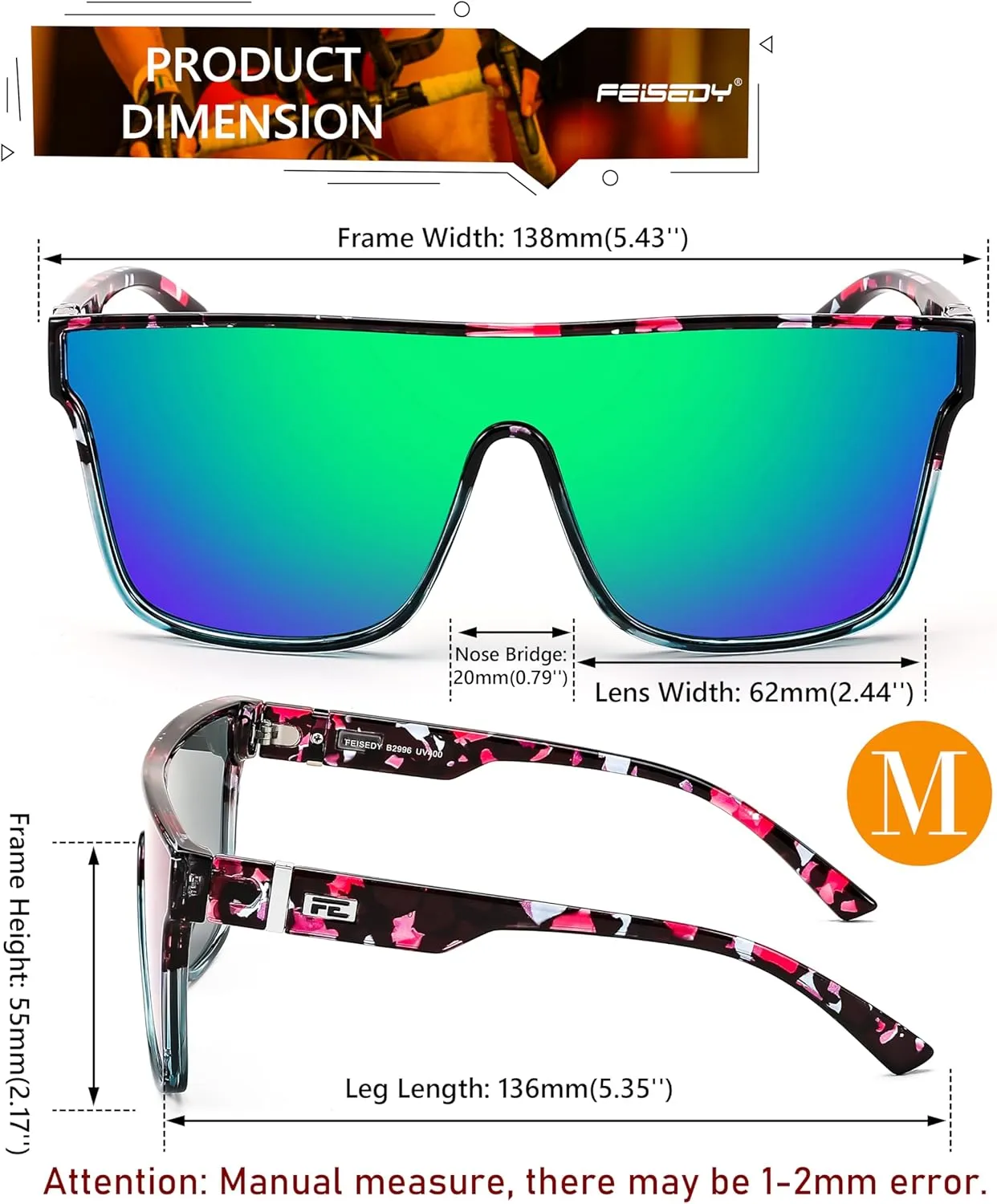 FEISEDY Sunglasses for Women Men, Fashion Mirrored Single Lens, Driving Beach Sunnies UV400 Shades B2996