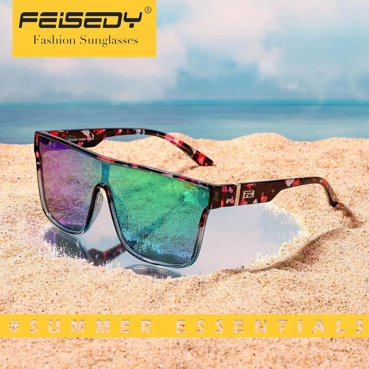FEISEDY Sunglasses for Women Men, Fashion Mirrored Single Lens, Driving Beach Sunnies UV400 Shades B2996