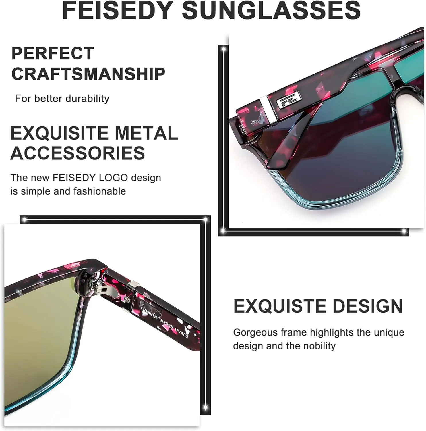 FEISEDY Sunglasses for Women Men, Fashion Mirrored Single Lens, Driving Beach Sunnies UV400 Shades B2996