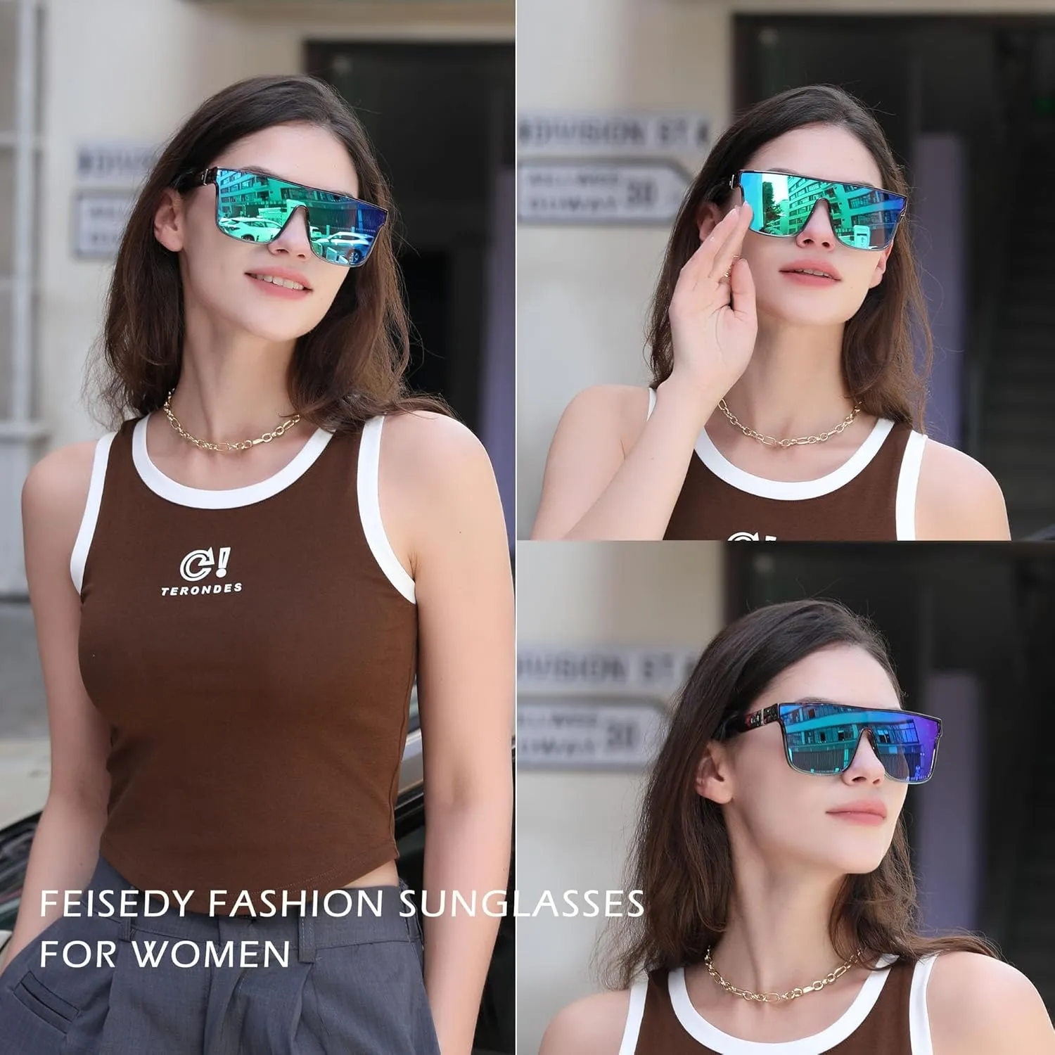 FEISEDY Sunglasses for Women Men, Fashion Mirrored Single Lens, Driving Beach Sunnies UV400 Shades B2996