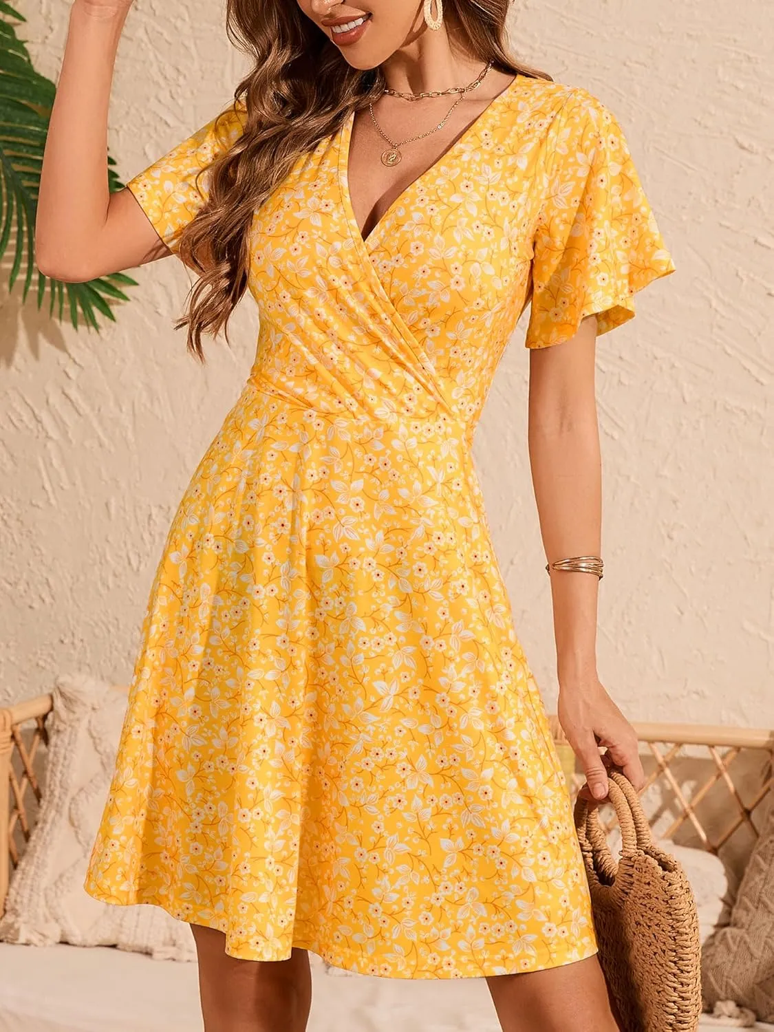 FENSACE Womens Sundress Summer Floral Short Sleeve Wrap V Neck A-Line Midi Dress