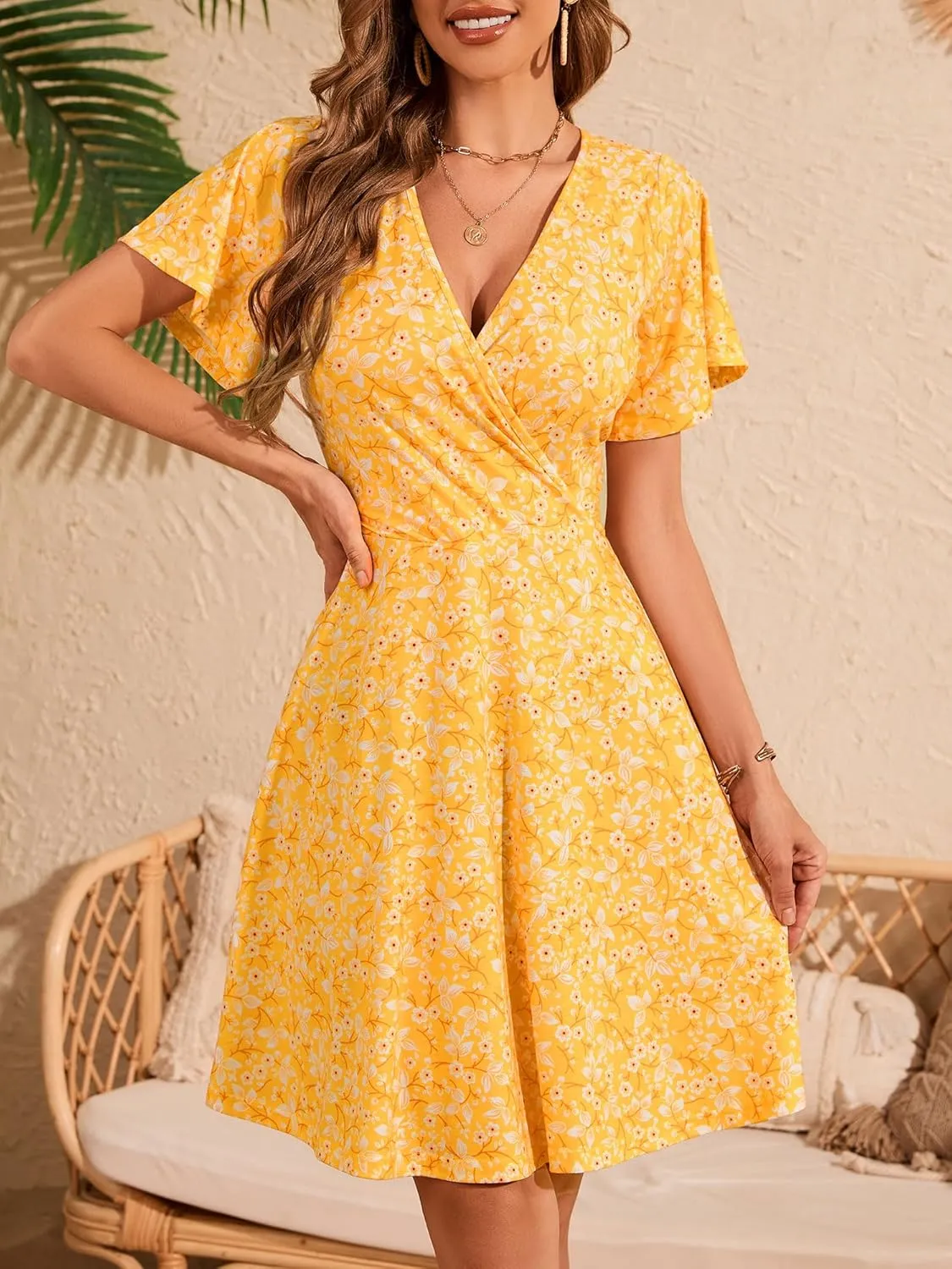 FENSACE Womens Sundress Summer Floral Short Sleeve Wrap V Neck A-Line Midi Dress