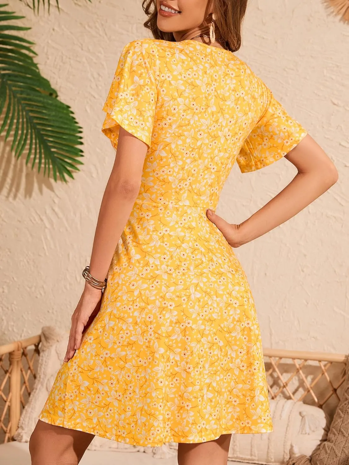 FENSACE Womens Sundress Summer Floral Short Sleeve Wrap V Neck A-Line Midi Dress