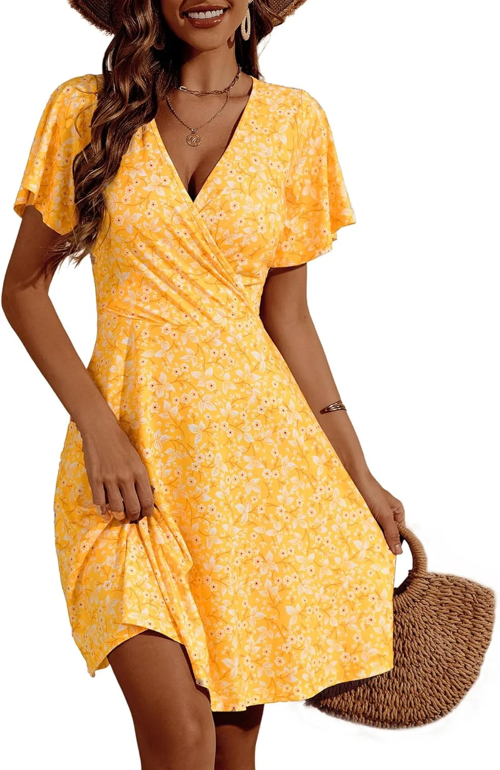 FENSACE Womens Sundress Summer Floral Short Sleeve Wrap V Neck A-Line Midi Dress
