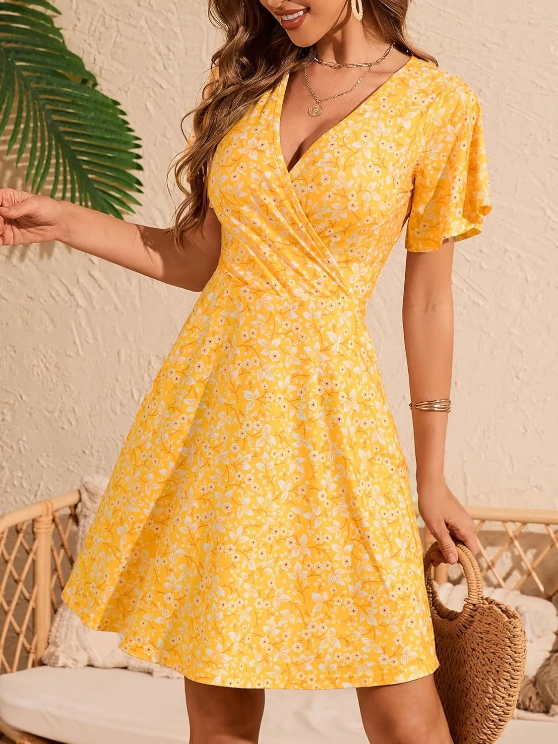 FENSACE Womens Sundress Summer Floral Short Sleeve Wrap V Neck A-Line Midi Dress