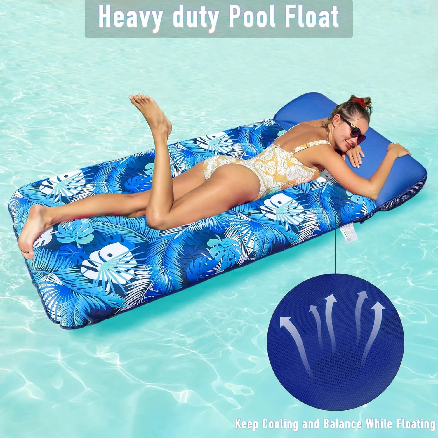 FindUWill Inflatable Pool Float for Adults - 72" XL, Oversized Fabric Covered Pool Floats Adult with Headrest, Ultra - Comfort Cooling Float for Swiming Party, Lake, Beach