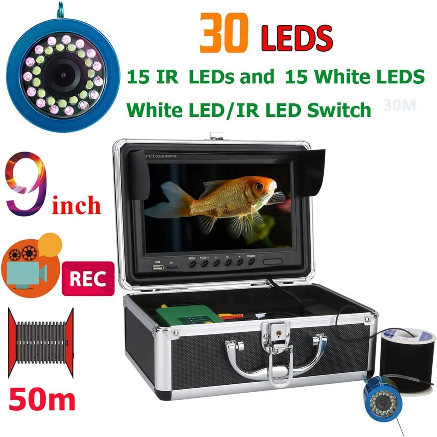 Fishing Camera, Double lamp 9 Inch DVR Recorder15M 30M50M1000TVL15pcs White LEDs 15pcs Infrared Lamp for Ice/Sea/River Fishing Underwater Camera