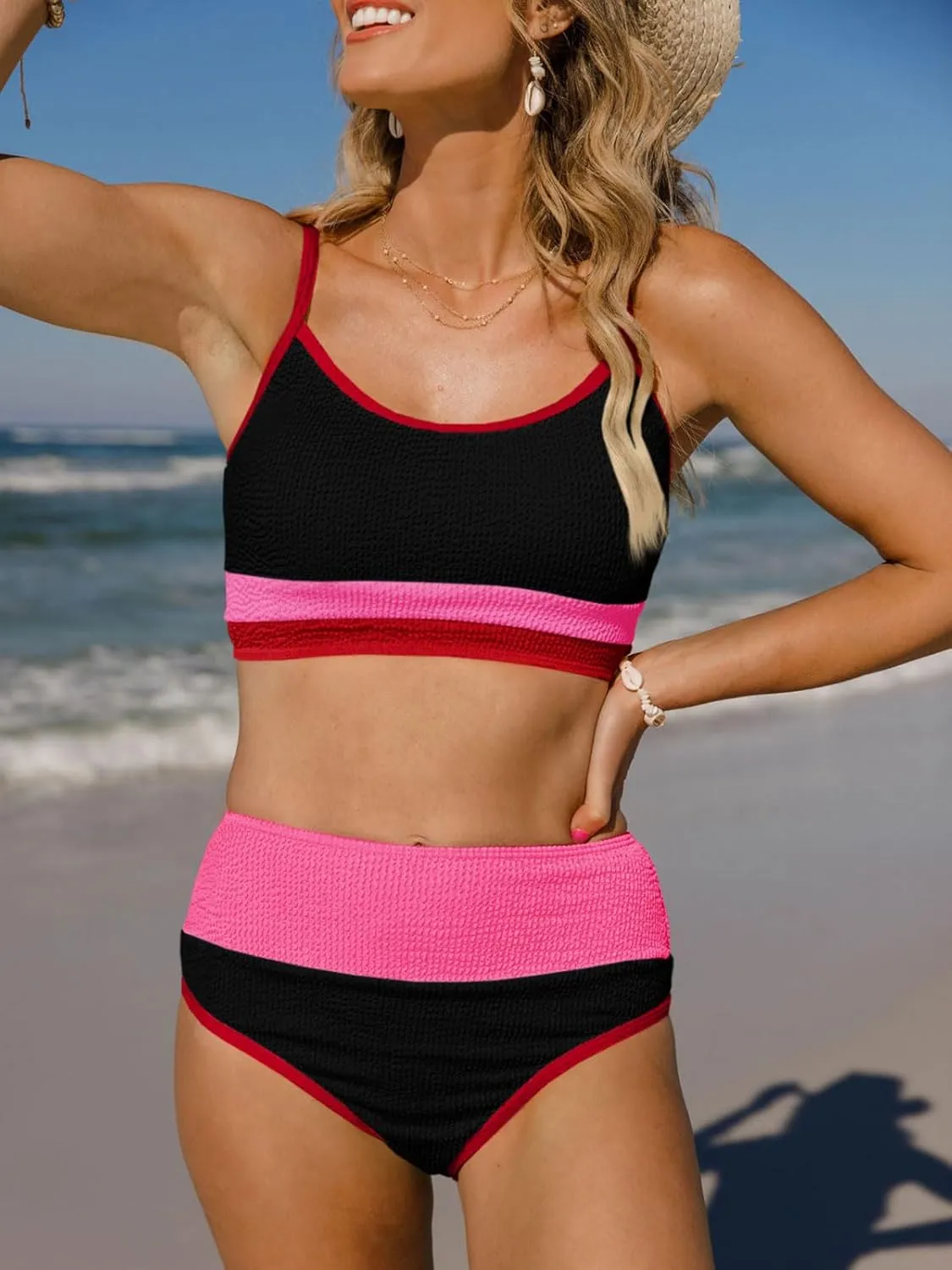 Fisoew Womens Neon Bikini Sets High Waisted Ribbed Color Block Spaghetti Straps Scoop Neck Textured Two Piece Swimsuits