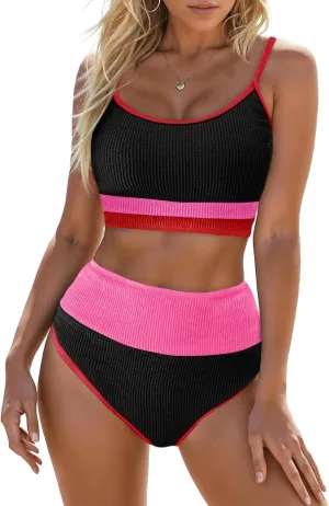 Fisoew Womens Neon Bikini Sets High Waisted Ribbed Color Block Spaghetti Straps Scoop Neck Textured Two Piece Swimsuits