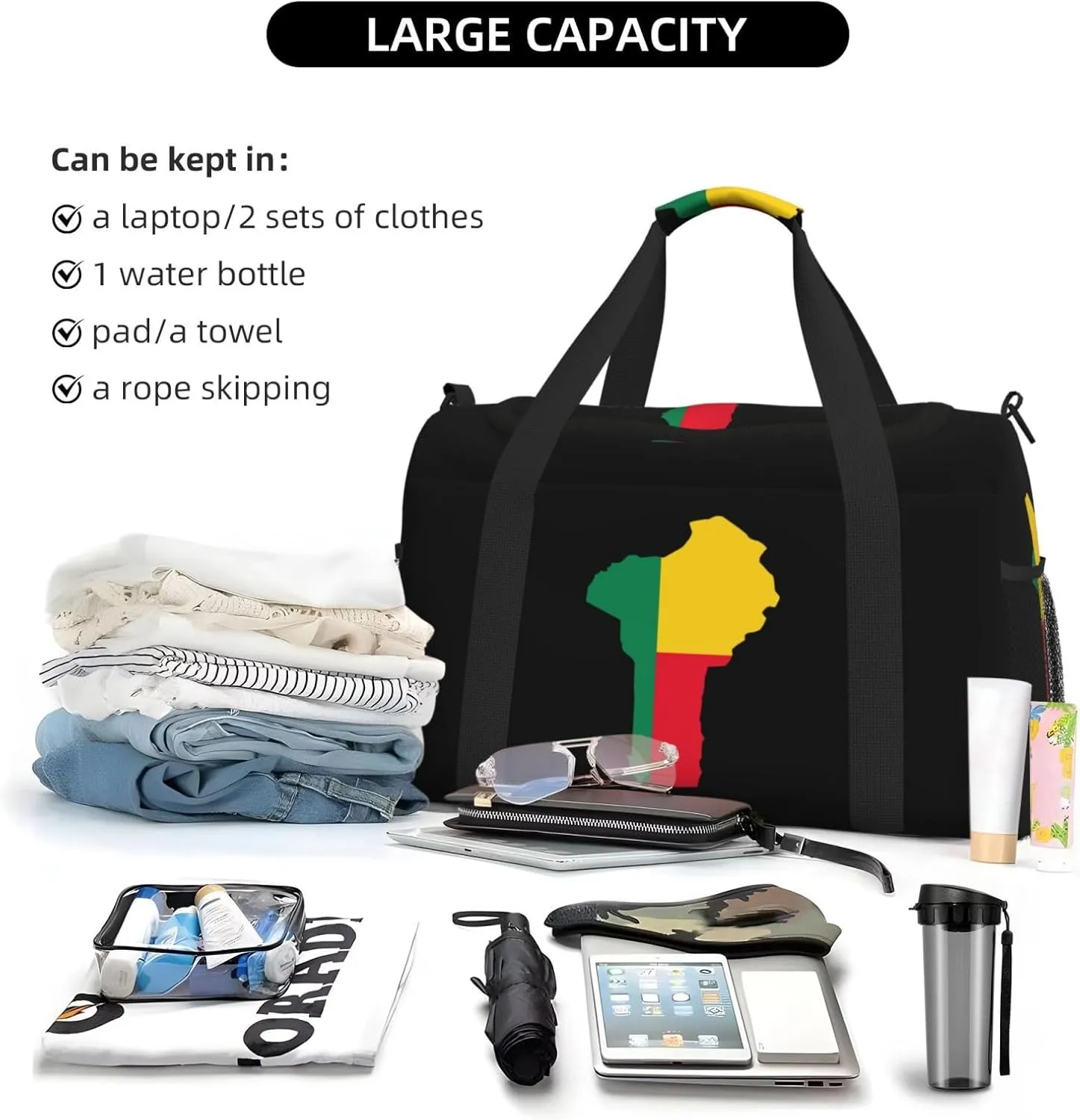 Flag Map Of Benin Travel Duffel Bag Large Foldable Waterproof Overnight Bag For Beach Swim Bags Pool Sports Gym
