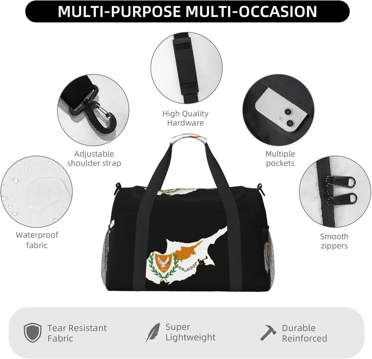 Flag Map Of Cyprus Travel Duffel Bag Large Foldable Waterproof Overnight Bag For Beach Swim Bags Pool Sports Gym