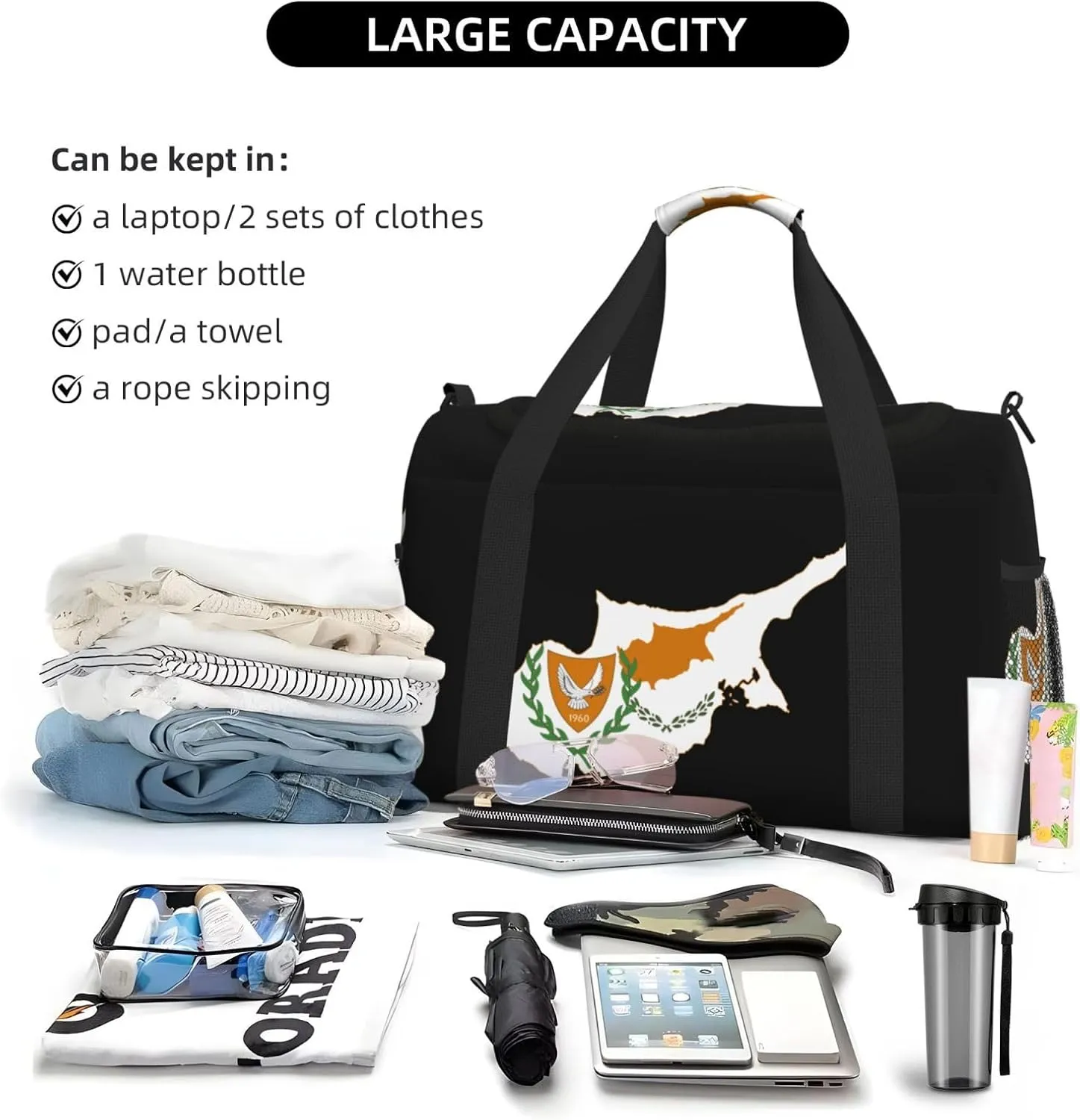Flag Map Of Cyprus Travel Duffel Bag Large Foldable Waterproof Overnight Bag For Beach Swim Bags Pool Sports Gym