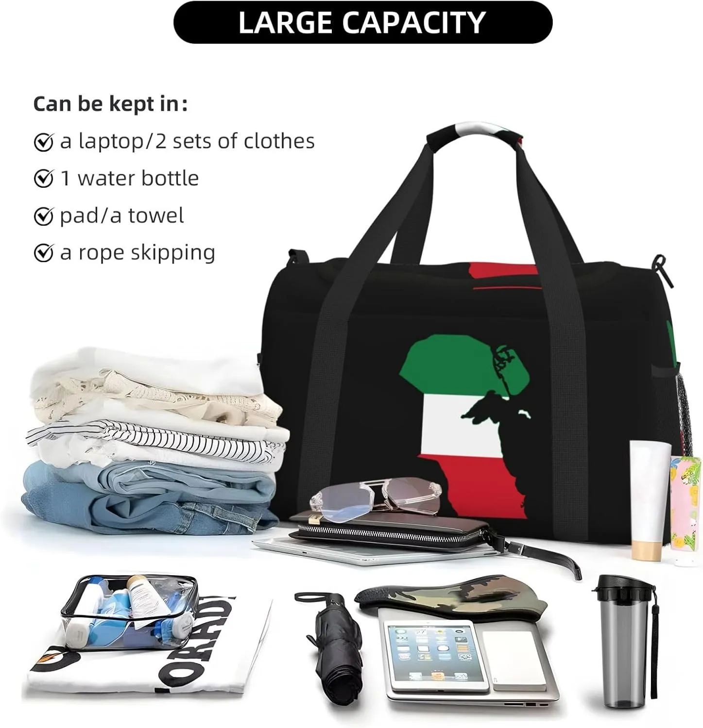 Flag Map Of Kuwait Travel Duffel Bag Large Foldable Waterproof Overnight Bag For Beach Swim Bags Pool Sports Gym