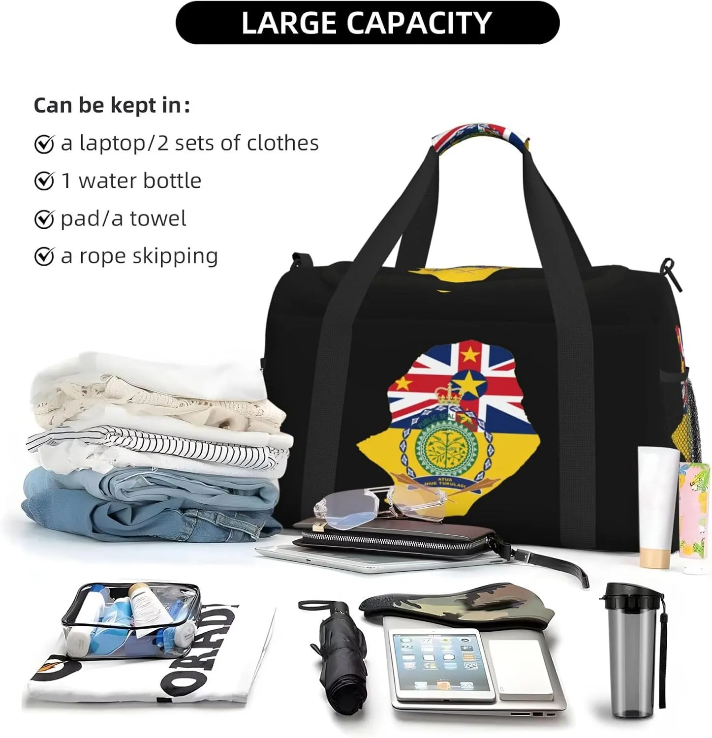 Flag Map Of Niue Travel Duffel Bag Large Foldable Waterproof Overnight Bag For Beach Swim Bags Pool Sports Gym