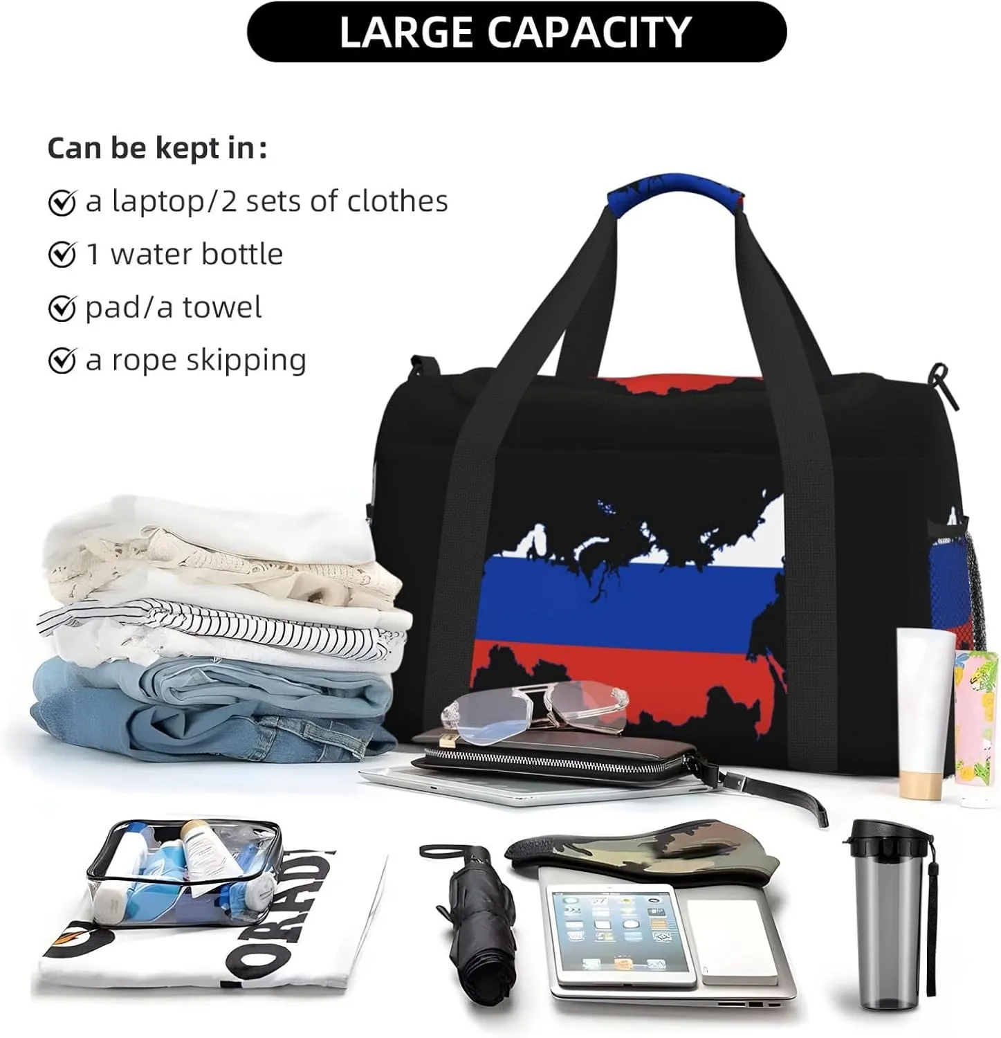 Flag Map Of Russia Travel Duffel Bag Large Foldable Waterproof Overnight Bag For Beach Swim Bags Pool Sports Gym