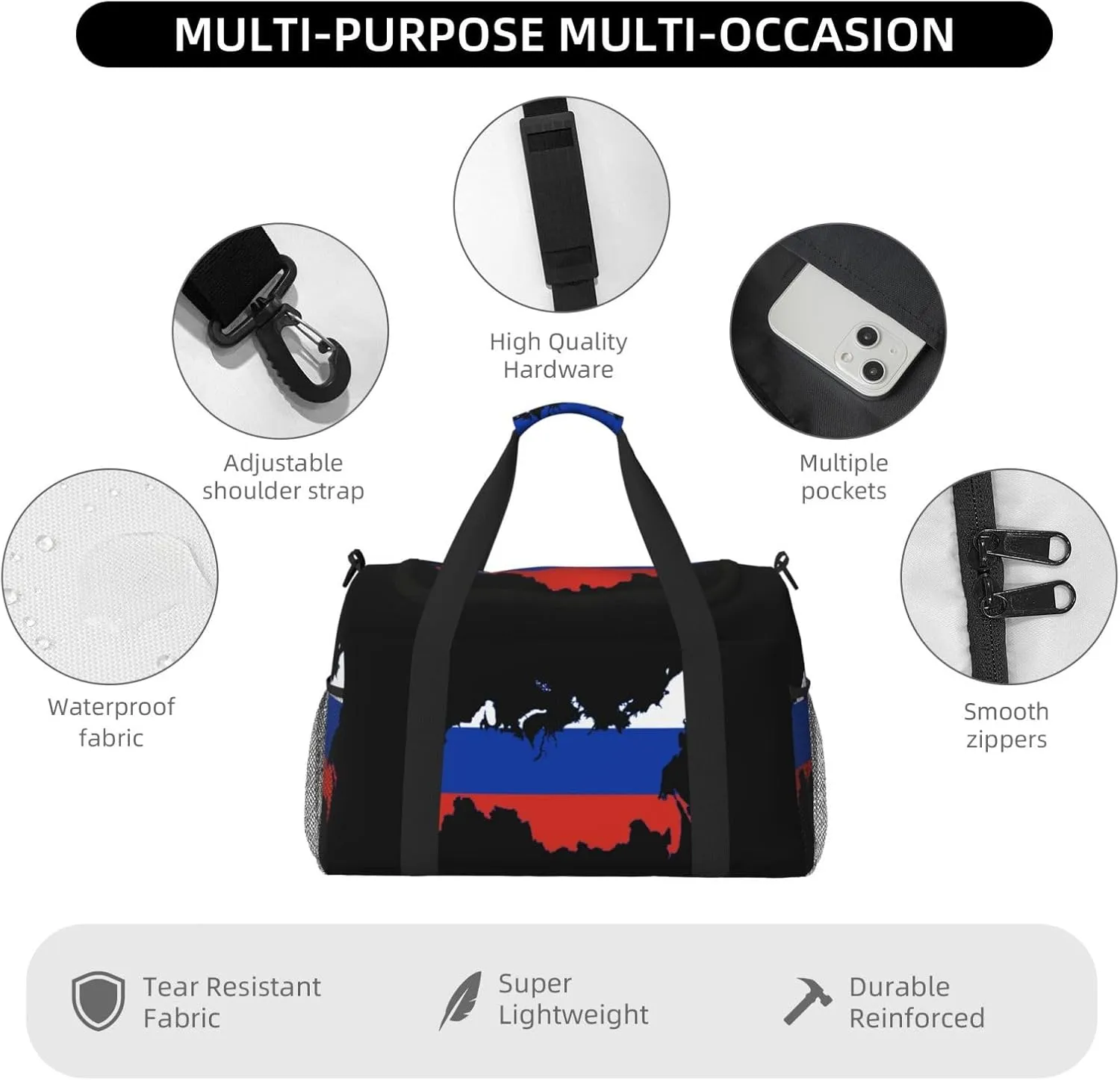 Flag Map Of Russia Travel Duffel Bag Large Foldable Waterproof Overnight Bag For Beach Swim Bags Pool Sports Gym
