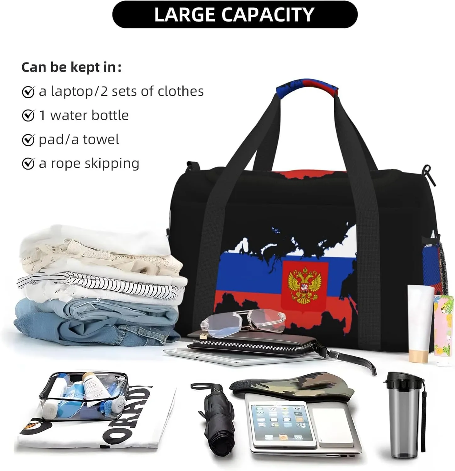 Flag Map Of Russia Travel Duffel Bag Large Foldable Waterproof Overnight Bag For Beach Swim Bags Pool Sports Gym