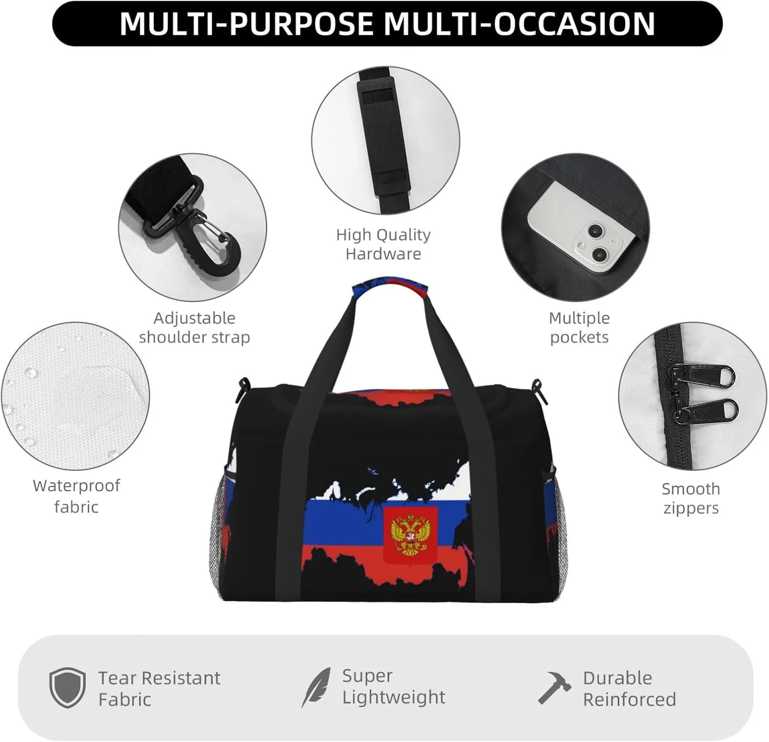 Flag Map Of Russia Travel Duffel Bag Large Foldable Waterproof Overnight Bag For Beach Swim Bags Pool Sports Gym
