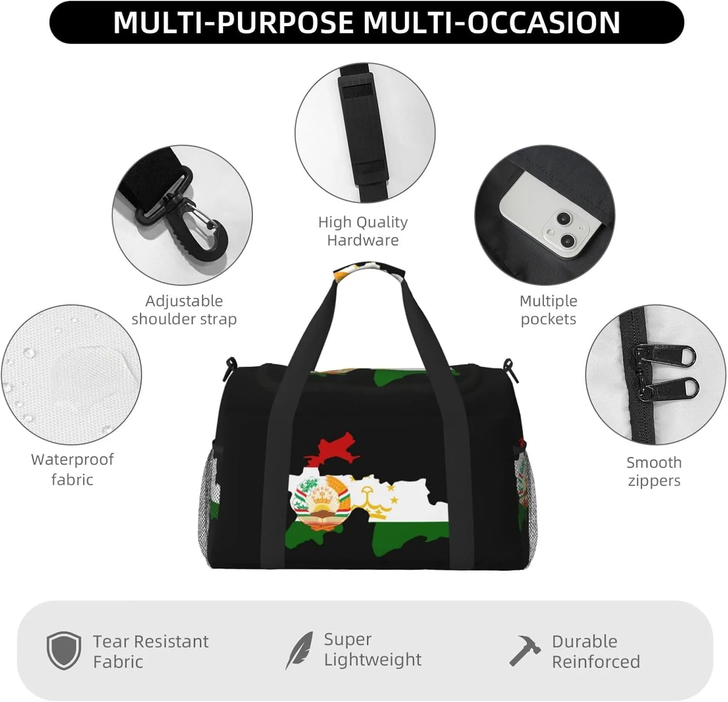Flag Map Of Tajikistan Travel Duffel Bag Large Foldable Waterproof Overnight Bag For Beach Swim Bags Pool Sports Gym
