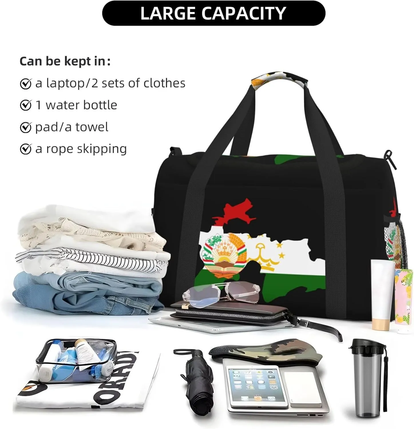 Flag Map Of Tajikistan Travel Duffel Bag Large Foldable Waterproof Overnight Bag For Beach Swim Bags Pool Sports Gym