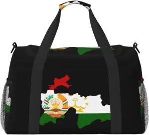 Flag Map Of Tajikistan Travel Duffel Bag Large Foldable Waterproof Overnight Bag For Beach Swim Bags Pool Sports Gym