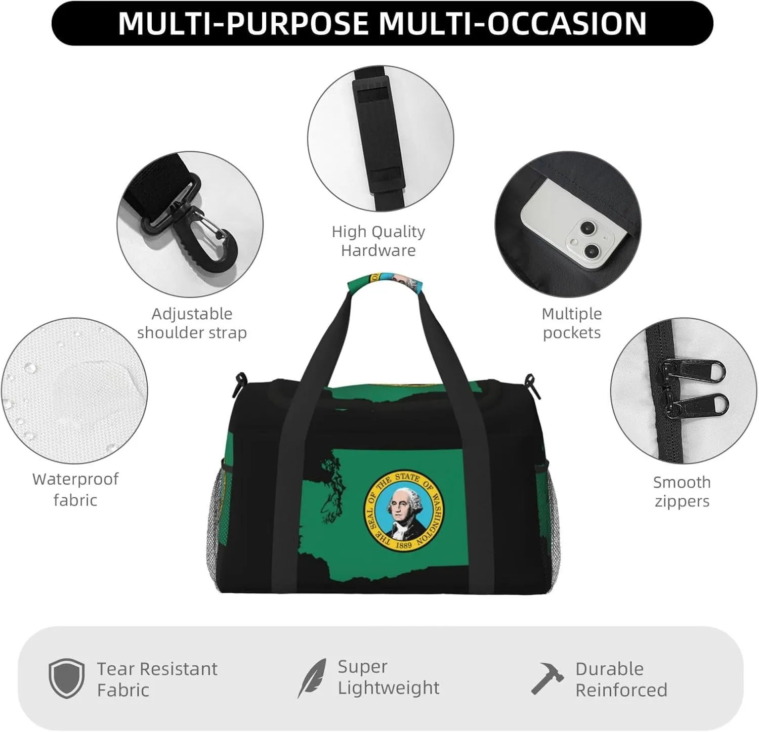 Flag Map Of Washington Travel Duffel Bag Large Foldable Waterproof Overnight Bag For Beach Swim Bags Pool Sports Gym