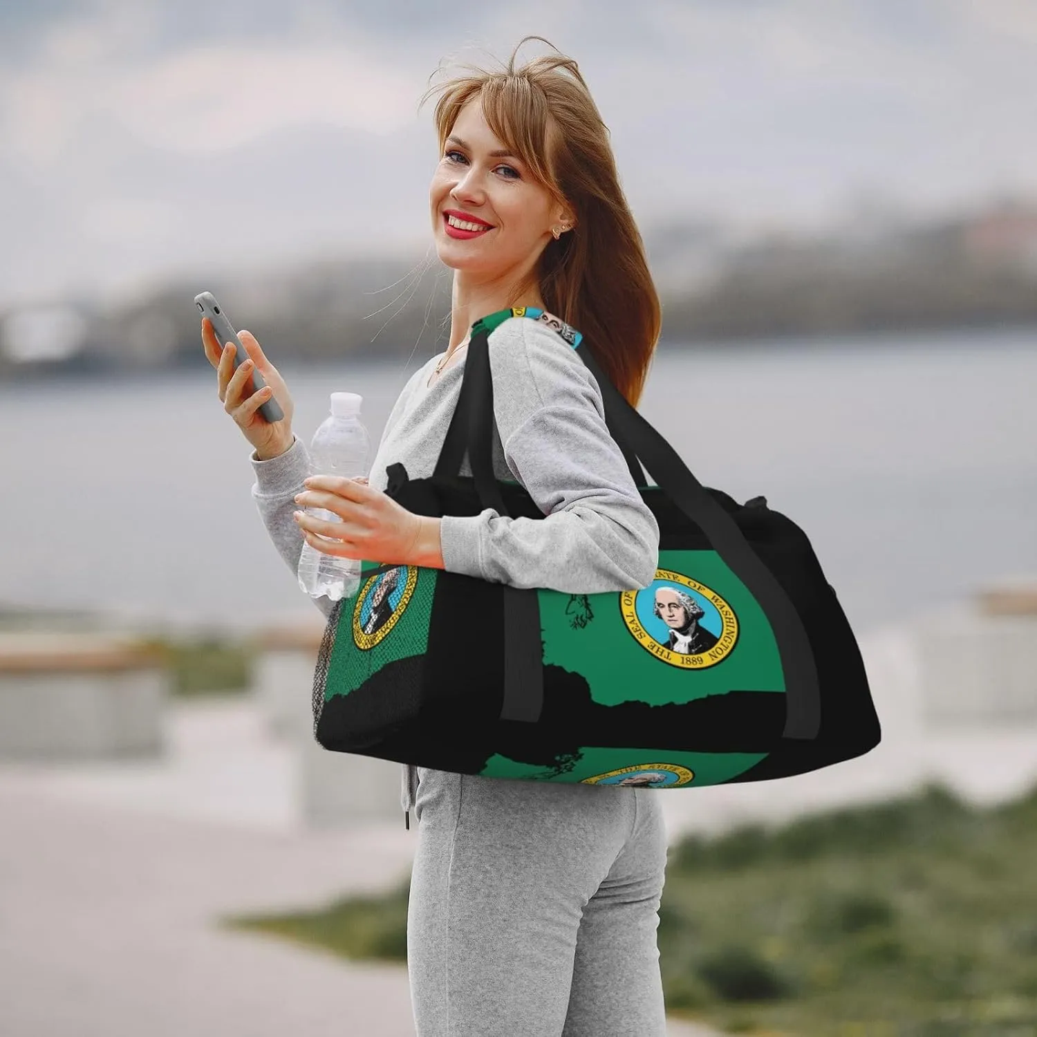Flag Map Of Washington Travel Duffel Bag Large Foldable Waterproof Overnight Bag For Beach Swim Bags Pool Sports Gym