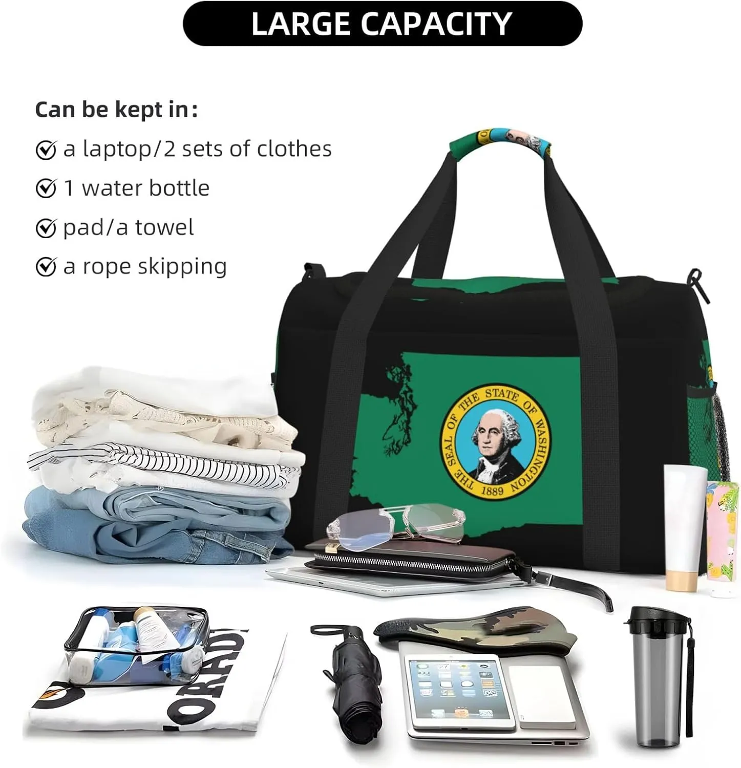 Flag Map Of Washington Travel Duffel Bag Large Foldable Waterproof Overnight Bag For Beach Swim Bags Pool Sports Gym