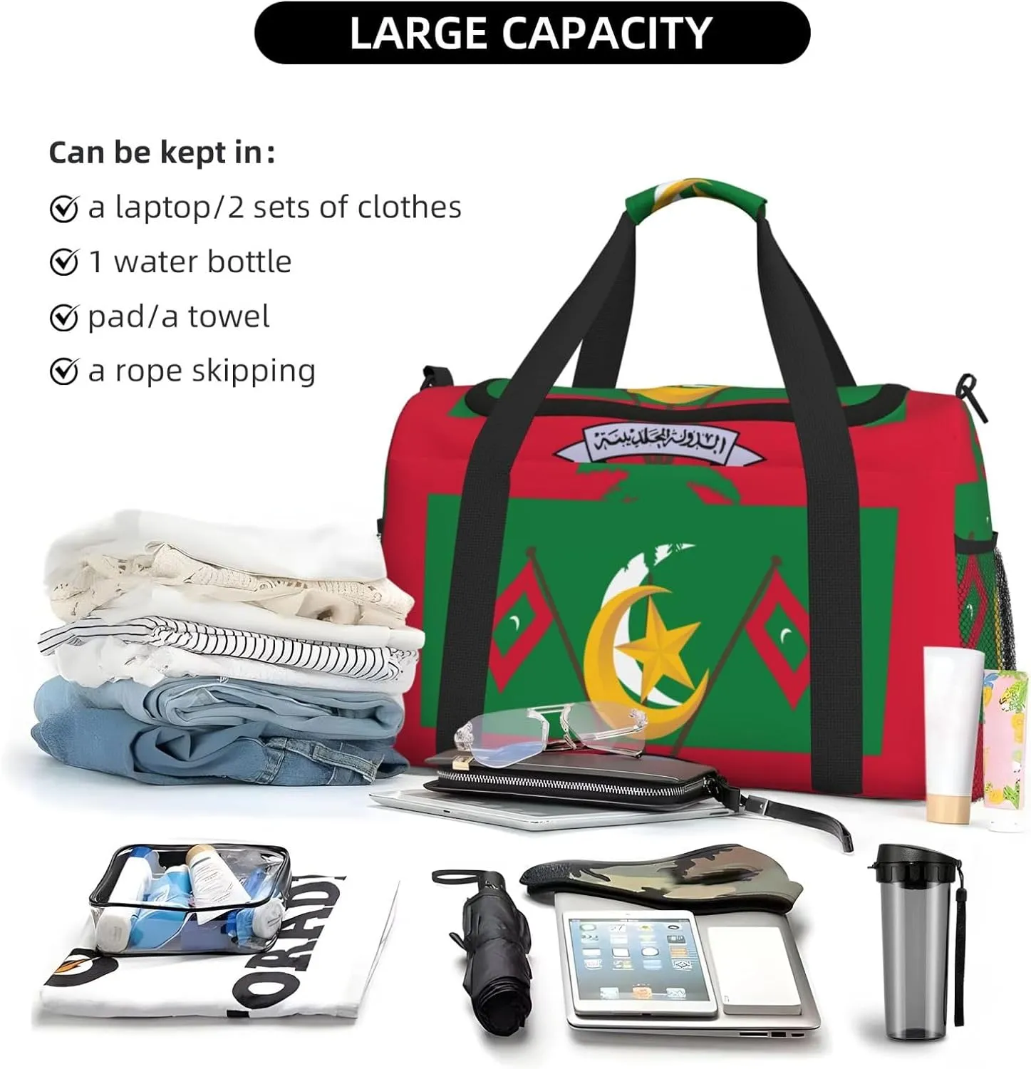 Flag Of Maldives Travel Duffel Bag Large Foldable Waterproof Overnight Bag For Beach Swim Bags Pool Sports Gym