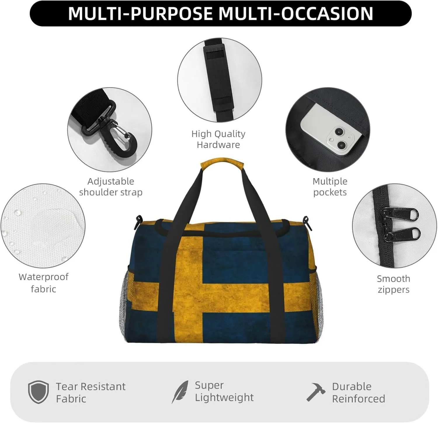 Flag Of Sweden Travel Duffel Bag Large Foldable Waterproof Overnight Bag For Beach Swim Bags Pool Sports Gym