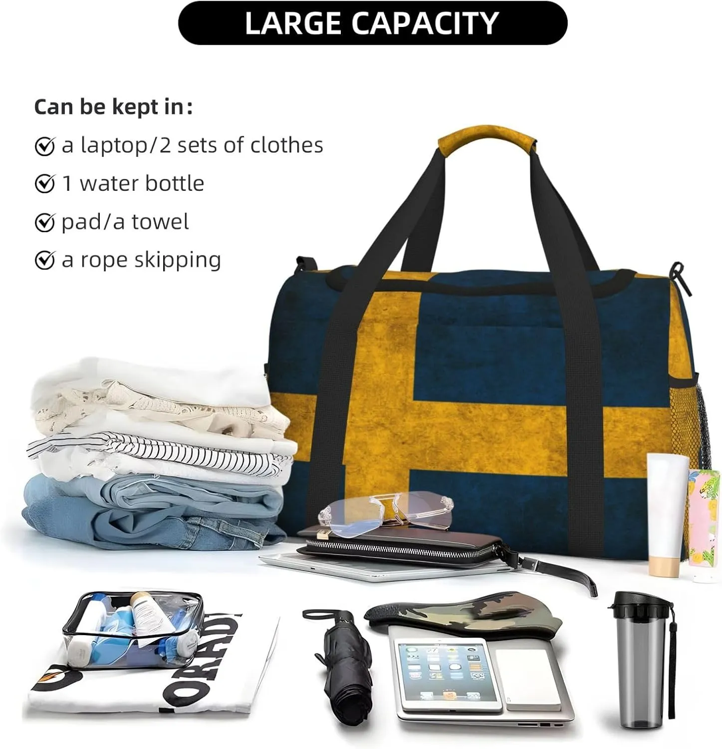 Flag Of Sweden Travel Duffel Bag Large Foldable Waterproof Overnight Bag For Beach Swim Bags Pool Sports Gym