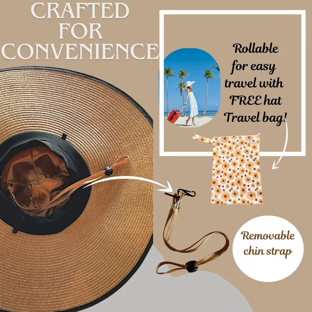 Flex Beach Sun Hat for Women Satin-Lined Rollable Removable Chin Strap UPF50 Big-Head Friendly with Travel Bag