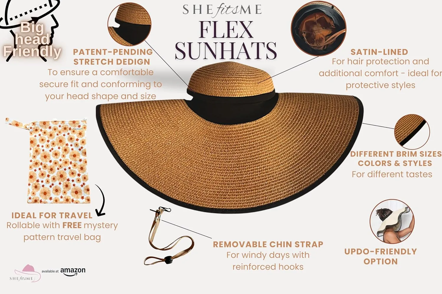 Flex Beach Sun Hat for Women Satin-Lined Rollable Removable Chin Strap UPF50 Big-Head Friendly with Travel Bag