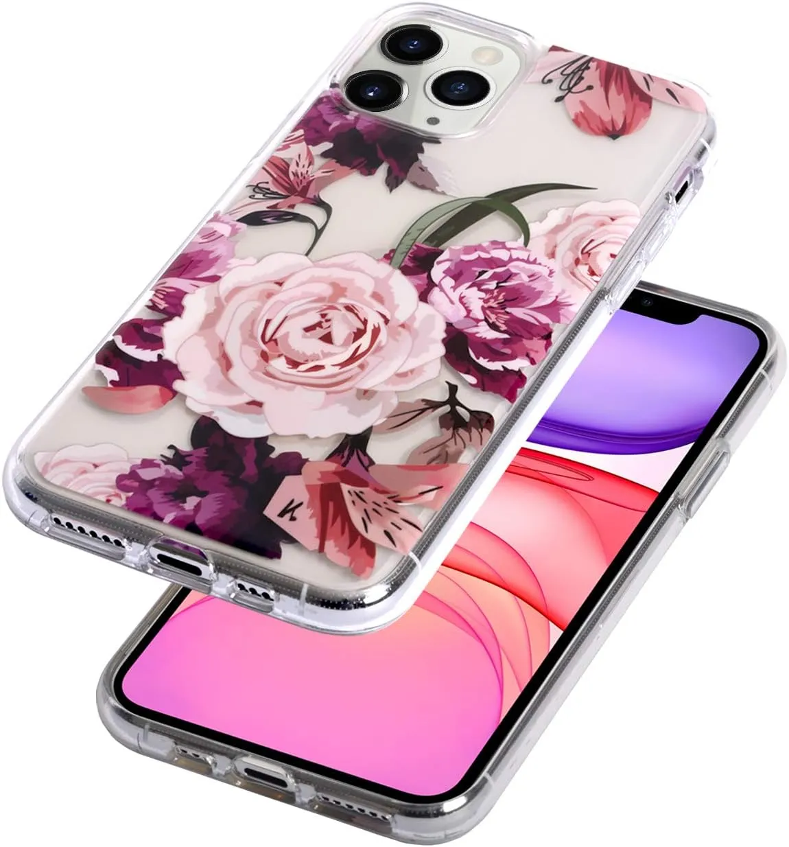 Flower Case for iPhone 11 Pro Max (6.5 Inch), Floral Pattern Clear Slim Fit Girly Design, Shockproof Protective Hard PC Back with Soft TPU Bumper Phone Cover for Girls and Women | Peony