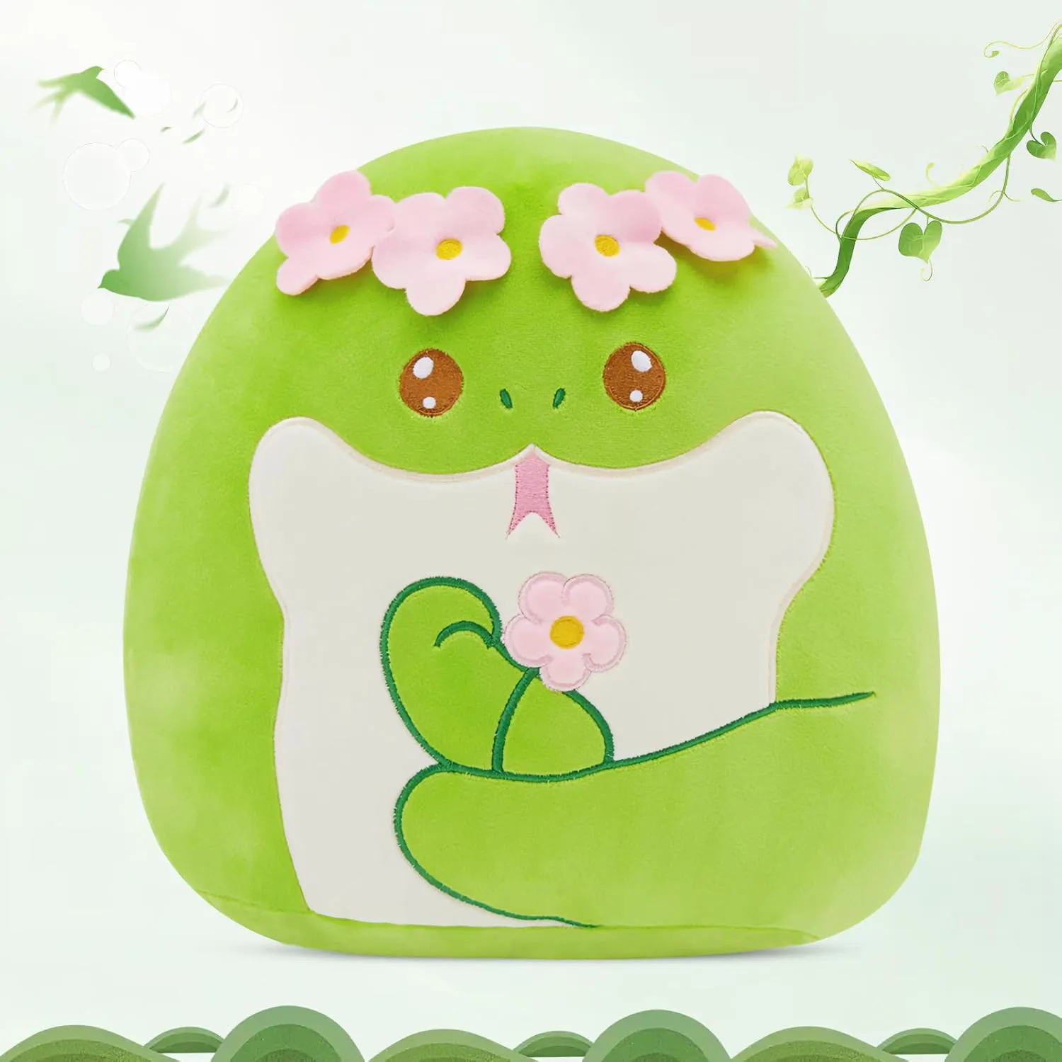 Flower Crown Green Snake Plush Pillow - Soft Snake Stuffed Animal Pillow Plushie Toy Birthday Gift for Kids, Boys & Girls 14inch