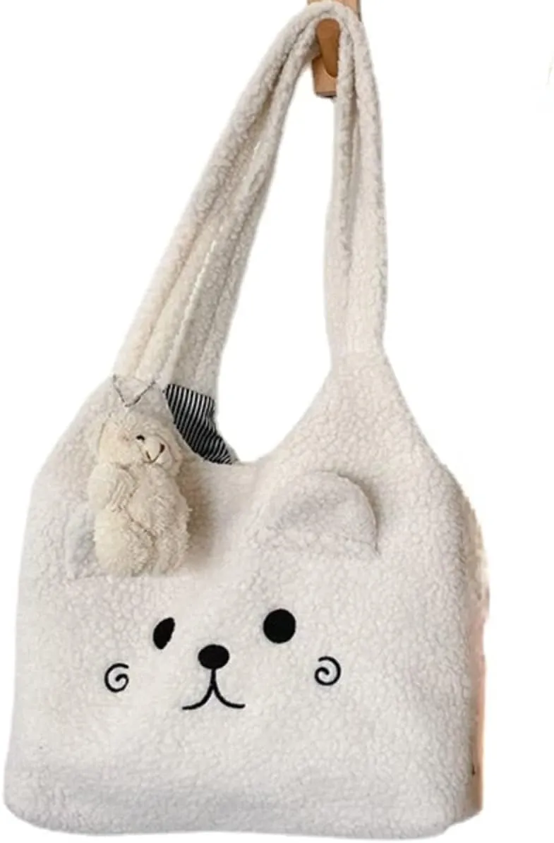 Fluffy Tote Bag Y2K Women Plush Shoulder Handbag with Cute Bear Pandent Aesthetic Fuzzy Underarm Bag for Autumn Winter