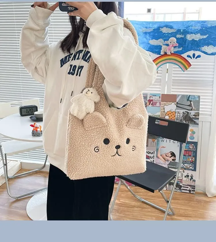 Fluffy Tote Bag Y2K Women Plush Shoulder Handbag with Cute Bear Pandent Aesthetic Fuzzy Underarm Bag for Autumn Winter