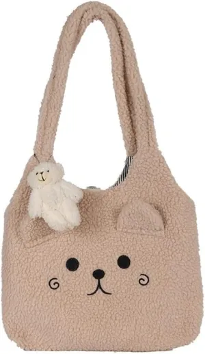 Fluffy Tote Bag Y2K Women Plush Shoulder Handbag with Cute Bear Pandent Aesthetic Fuzzy Underarm Bag for Autumn Winter