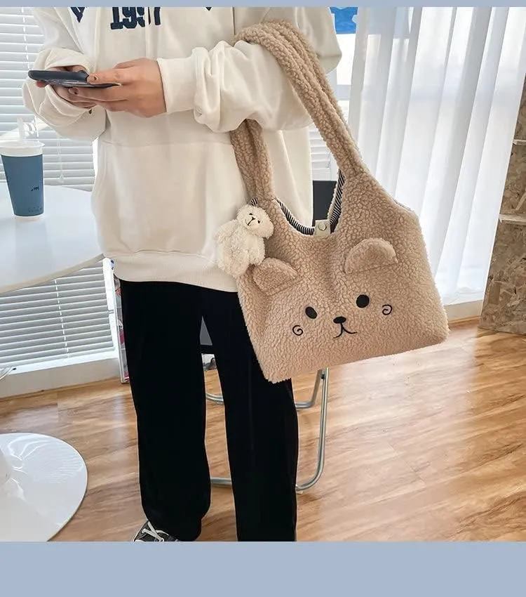 Fluffy Tote Bag Y2K Women Plush Shoulder Handbag with Cute Bear Pandent Aesthetic Fuzzy Underarm Bag for Autumn Winter