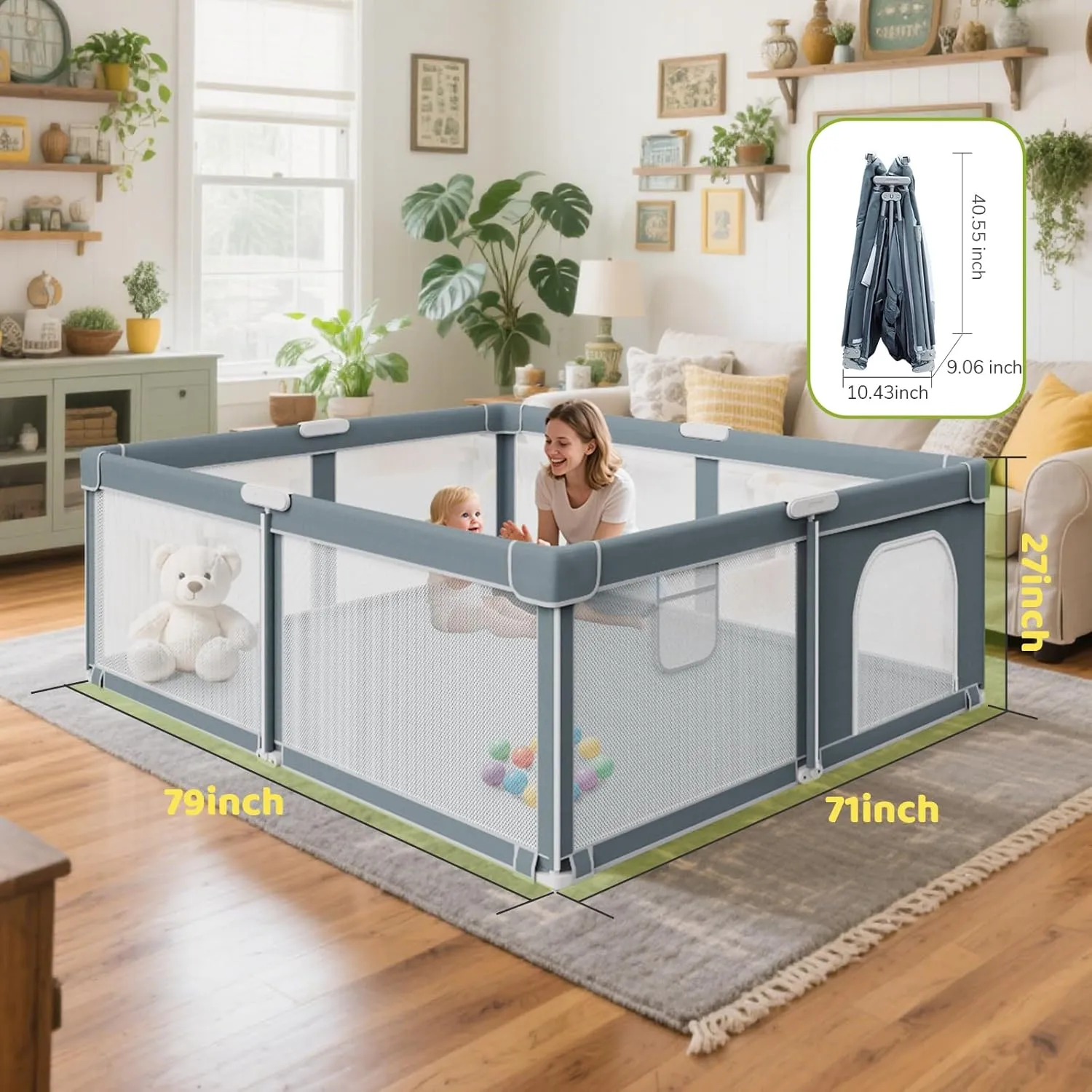 Foldable Baby Playpen - 71"×79" Collapsible Play Pen for Babies and Toddlers - Indoor Outdoor Travel Playpen - Stable with Mesh View Portable Play Yard - Folding Play Pen with 4 Handles and Carry Bag