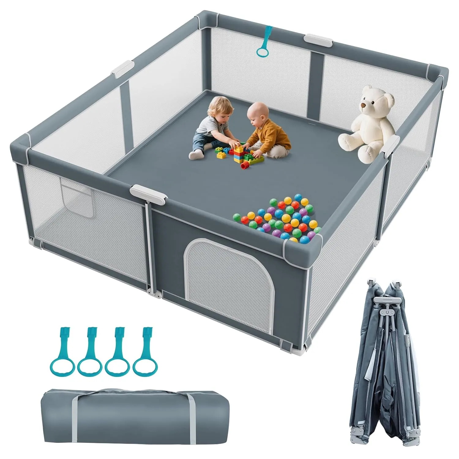 Foldable Baby Playpen - 71"×79" Collapsible Play Pen for Babies and Toddlers - Indoor Outdoor Travel Playpen - Stable with Mesh View Portable Play Yard - Folding Play Pen with 4 Handles and Carry Bag