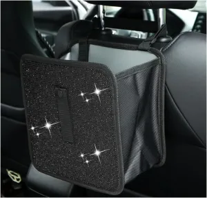Foldable Car Trash Can, Bling Rhinestone Oxford Auto Hanging Garbage Bag, Crystal Leakproof Foldable Waste Organizer Universal for Most Vehicles, Interior Car Accessories (Black)