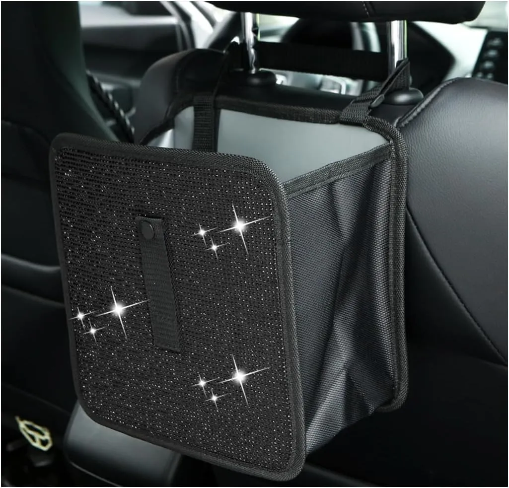 Foldable Car Trash Can, Bling Rhinestone Oxford Auto Hanging Garbage Bag, Crystal Leakproof Foldable Waste Organizer Universal for Most Vehicles, Interior Car Accessories (Black)