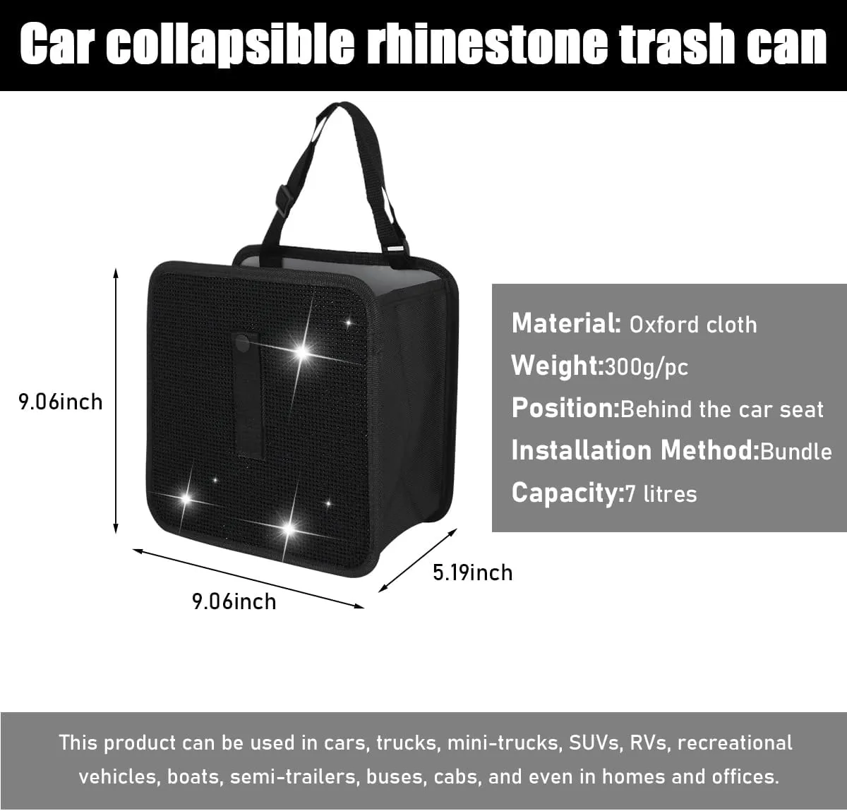 Foldable Car Trash Can, Bling Rhinestone Oxford Auto Hanging Garbage Bag, Crystal Leakproof Foldable Waste Organizer Universal for Most Vehicles, Interior Car Accessories (Black)