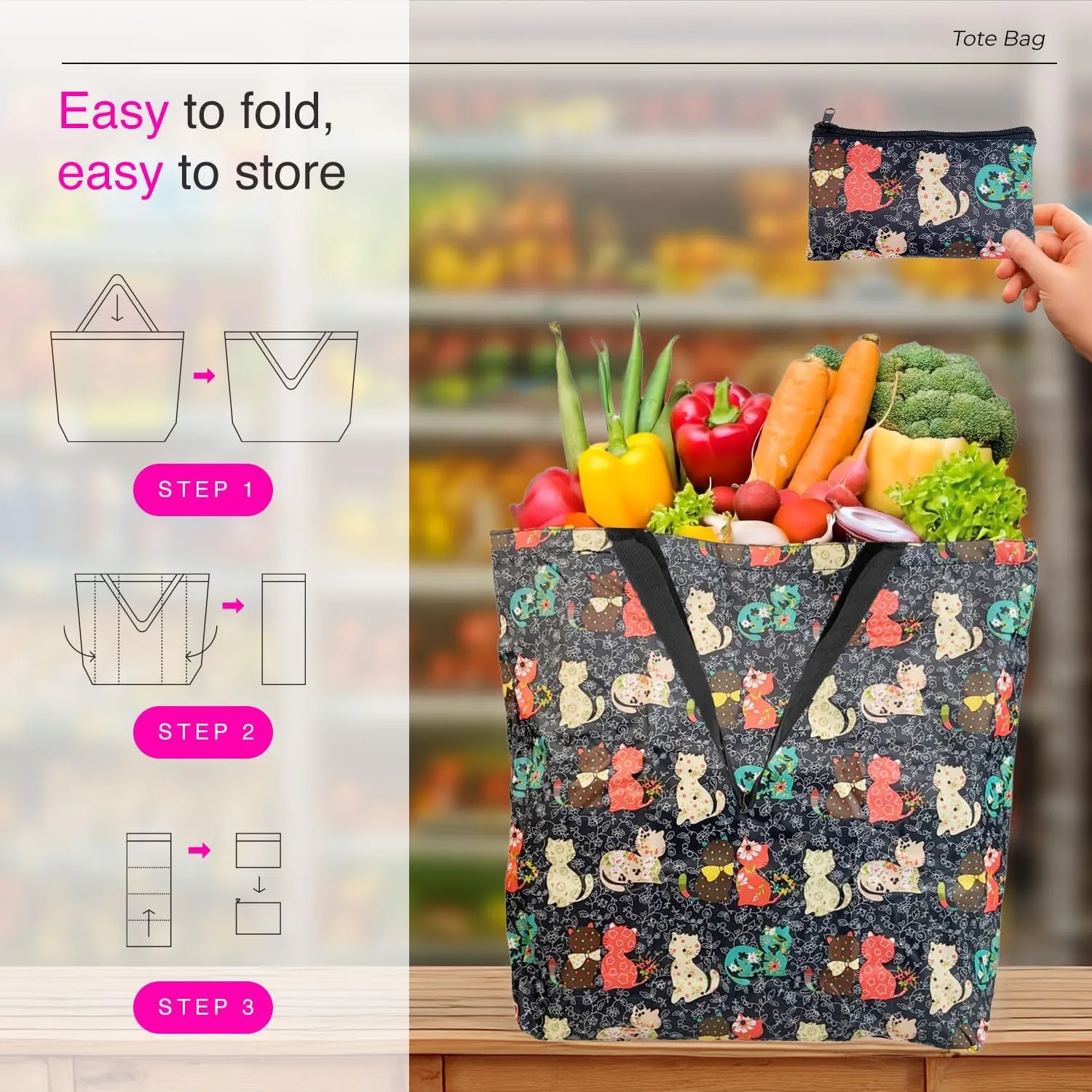 Foldable Tote Bag Zipper Closure – Collapsible Packable Reusable Large Grocery Shopping Bags with Handles and Strap 3 packs