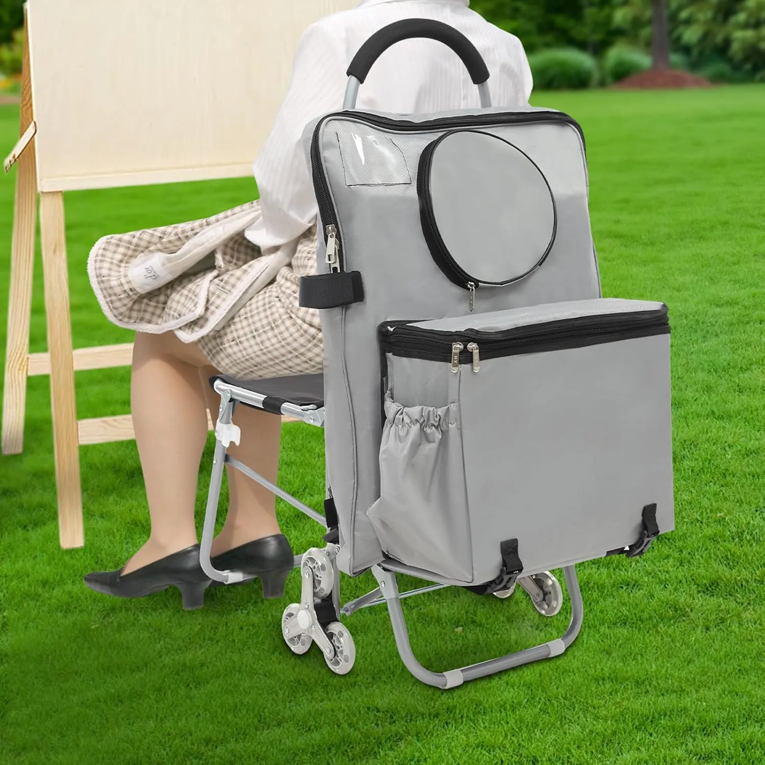 Foldable Utility Cart, Hand Truck with Seat & Organizer Bag & 6 Wheels, Rolling Art Cart with Storage, Universal Trolley Rolling Cart with Handle for Travel Move Storage Office School (Silver)