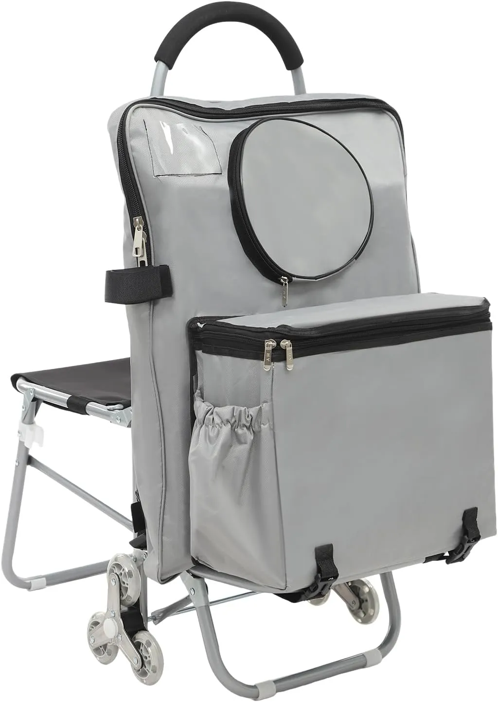 Foldable Utility Cart, Hand Truck with Seat & Organizer Bag & 6 Wheels, Rolling Art Cart with Storage, Universal Trolley Rolling Cart with Handle for Travel Move Storage Office School (Silver)
